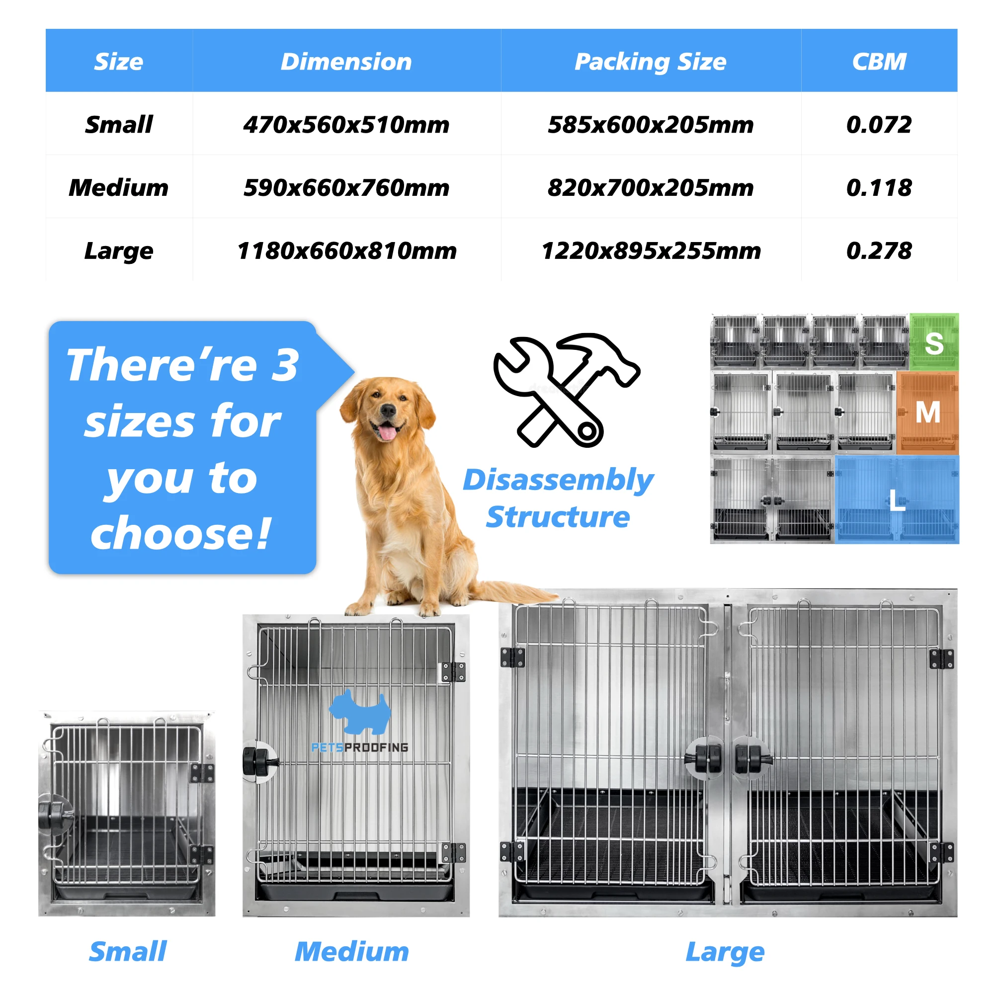 Professional stainless steel dog carrier pet cage bank With Rounded Corners three sizes can be selected, can be freely combined