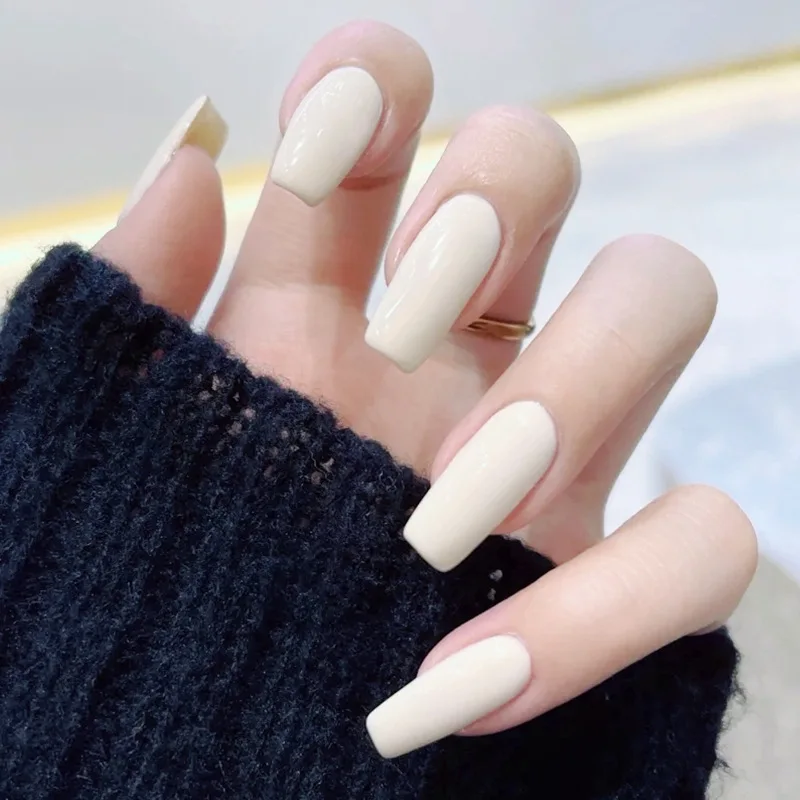 Medium Length Square Minimalist Solid Color Cream White Press On Nails 24PCS Wholesale