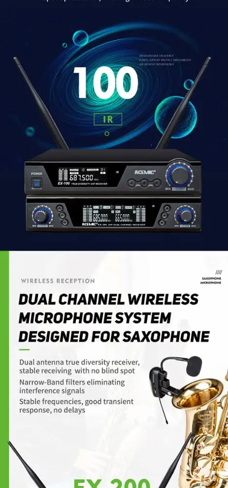 Professional dual channel wind instrument saxophone wireless microphone system