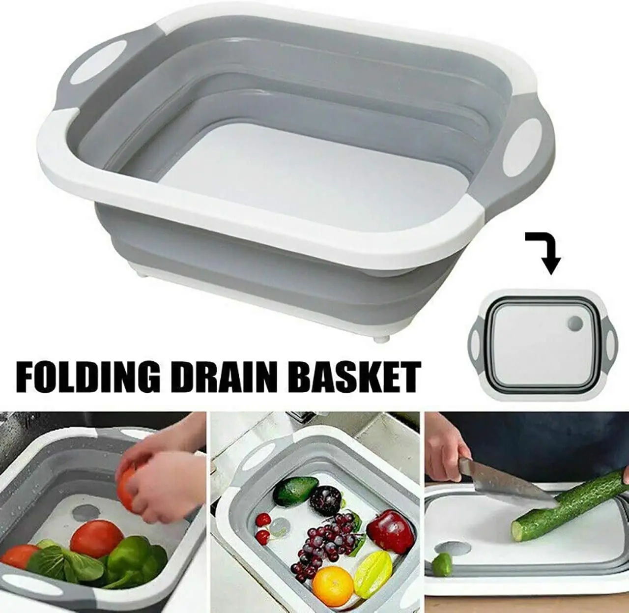 Multifunction Collapsible Cutting Board Dish Tub 3 in 1 Folding Sink Drain Basket Travel Outdoor Camp Portable Basins