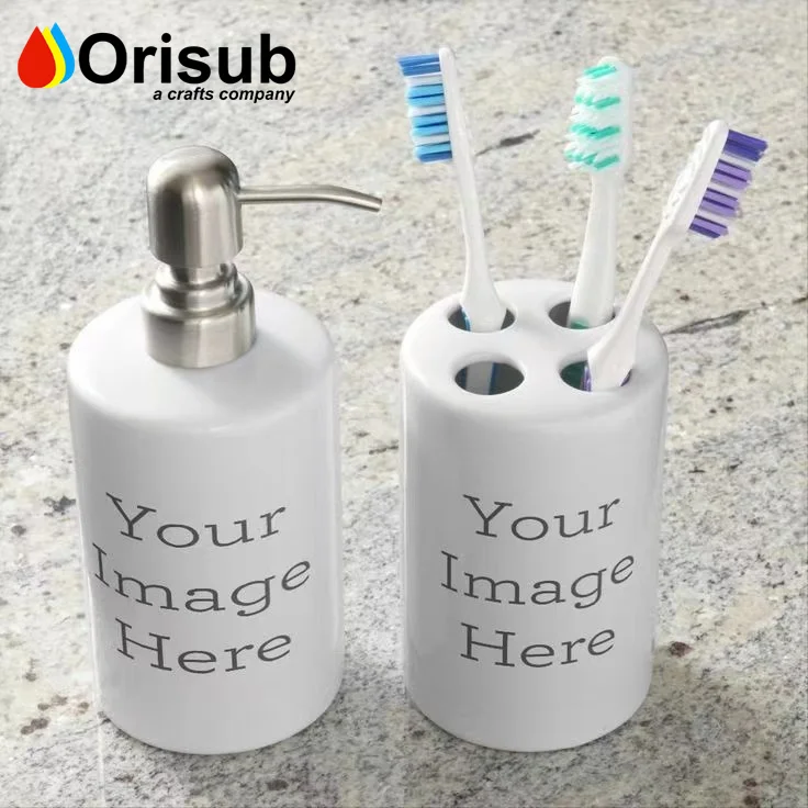 Custom printed white ceramic soap dispensers and toothbrush holder for sublimation
