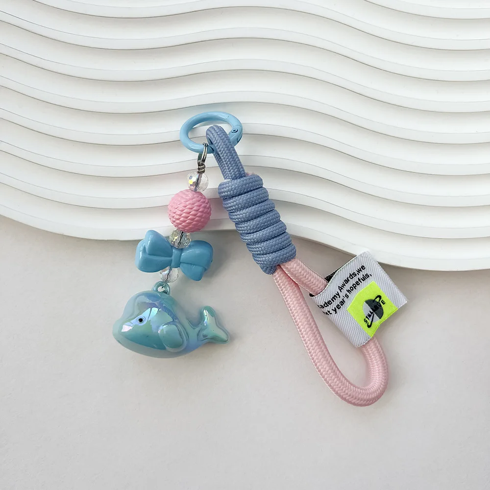 Acrylic Solid Color Colorful Cute Little Whale Dolphin Pendant Weave Cloth Rope Key Chain School Bag Pendant