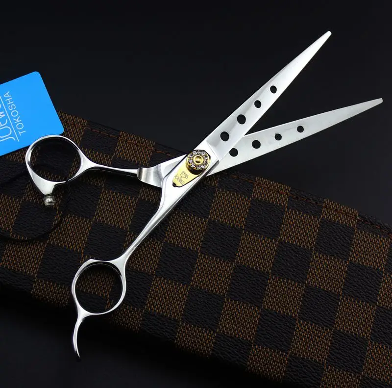 free shipping JOEWELL 7.0 inch 440C stainless steel hair cutting  scissors with hole on hand with leather case