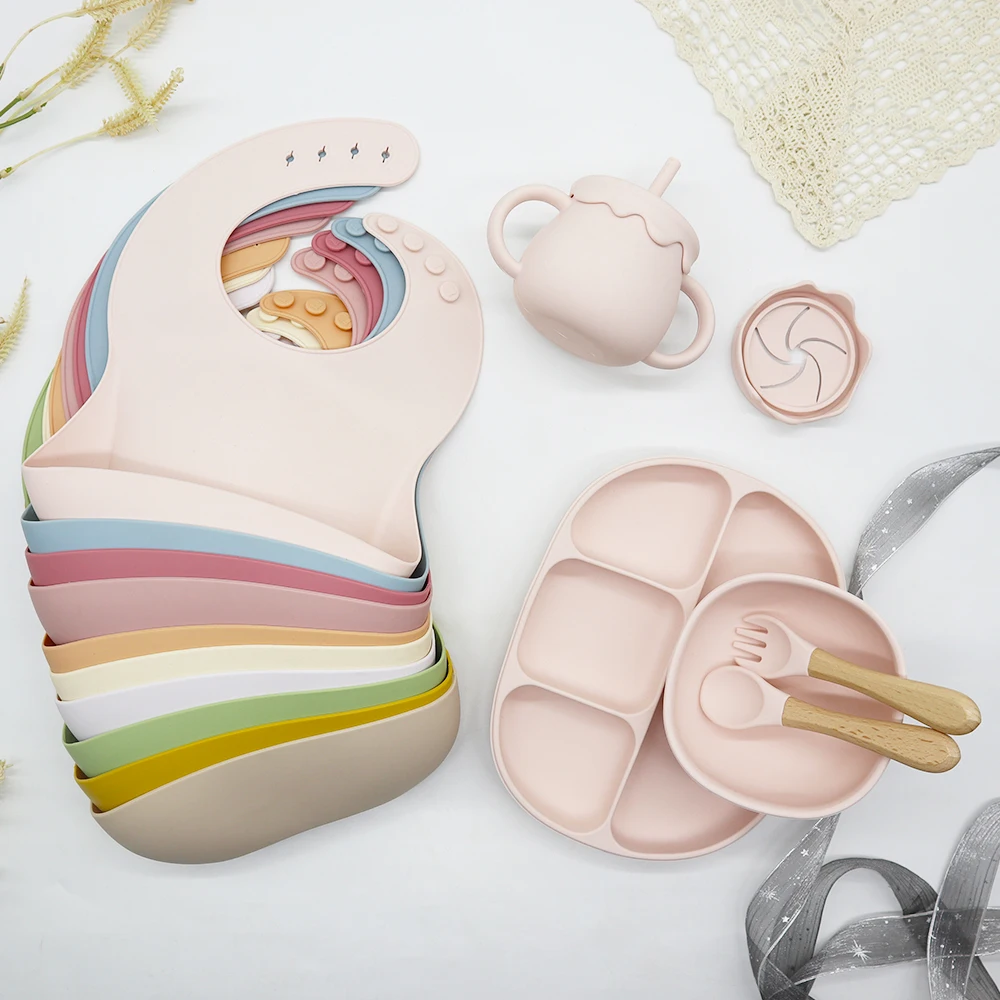 Wholesale Custom Waterproof Detachable Adjustable Food Feeding Toddler babero de silicona Baby Bib plate bowl Set
