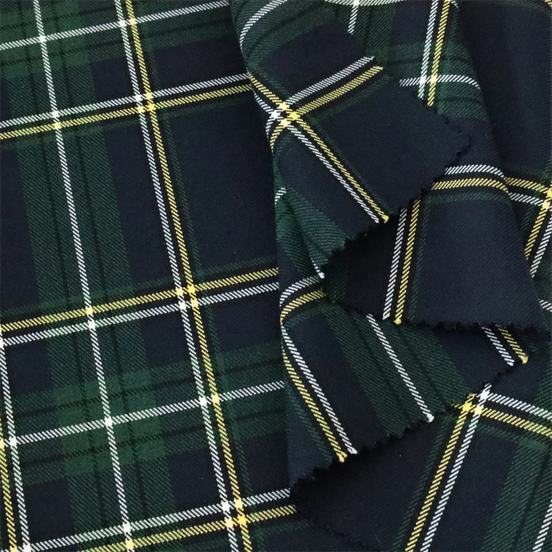 Wholesale Custom Stretch Plaid Tartan Fabric in Green Black Spun Dyed Twill Checked Fabric for Mens and Womens Suit Pants Skirt