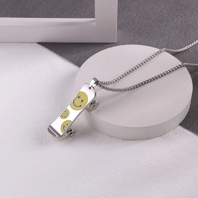 Wholesale Stainless Steel Smile Smiley Face Hip Hop Skateboard Pendant Necklace