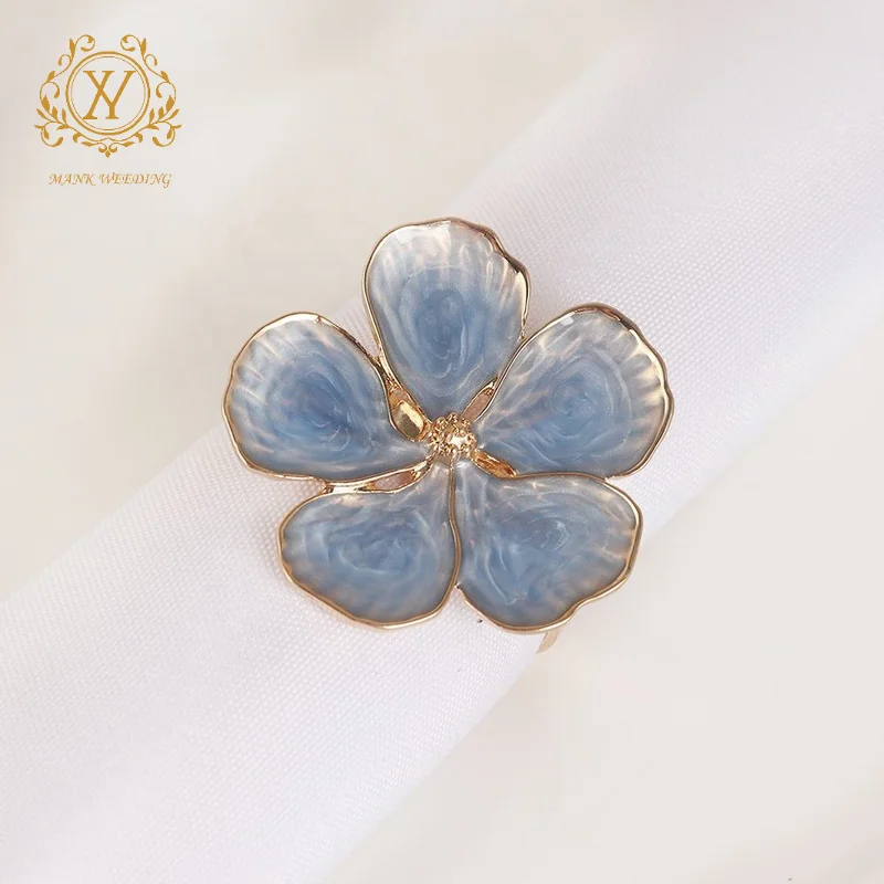 High Quality Five Petal Flower Shaped Metal Napkin Buckle Wholesale Retro Elegant Drip Oil Blue Flower Napkin Rings for Wedding