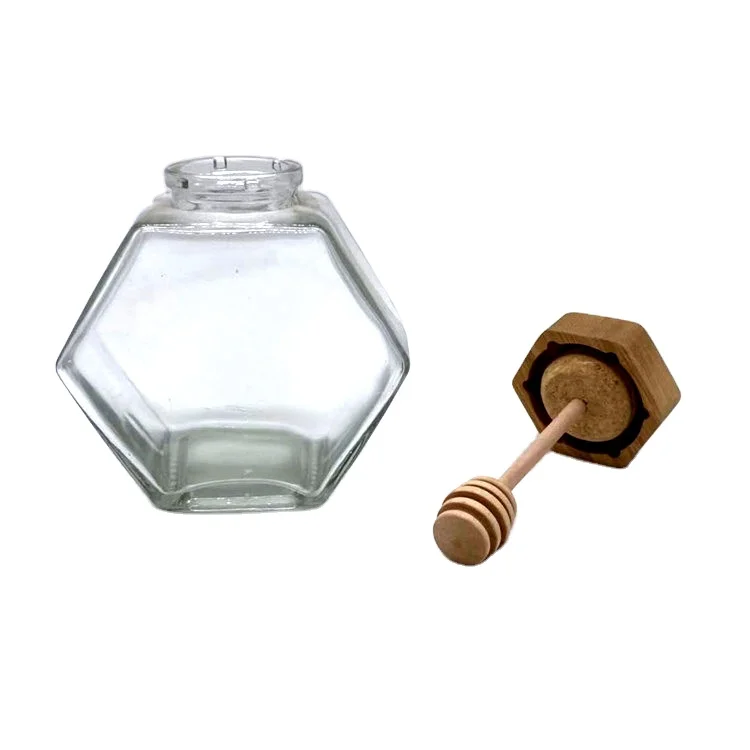 Wholesale 500 Gram 1 Kg Hexagon Glass Honey Jar With Cork Lid And Honey Stick Packaging Box