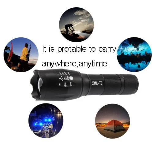 Portable Adjustable and Zoom LED Flashlight for Camping,T6 LED Zoomable and Focus Tactical Flashlight