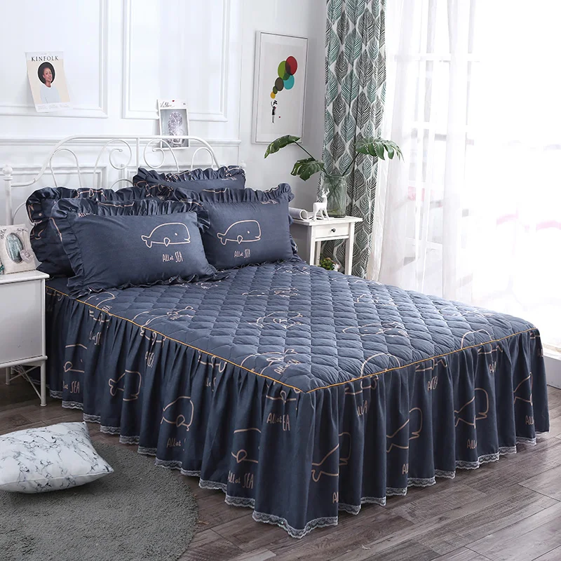 wholesale 3pcs Printed polyester cotton skirt quilted queen king size luxury Bedding Sets Bed sheet