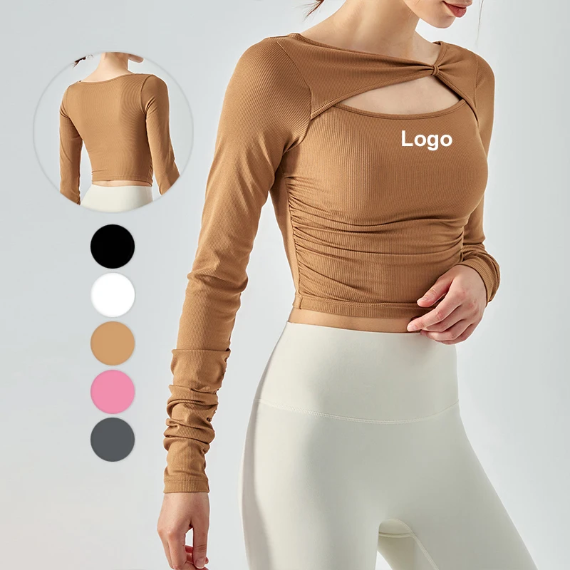 China Manufacturer Side Scrunch Design Slim Workout Tops Front Hollow Out Ribbed Fabrics Yoga Tops Long Sleeve Gym Top Women