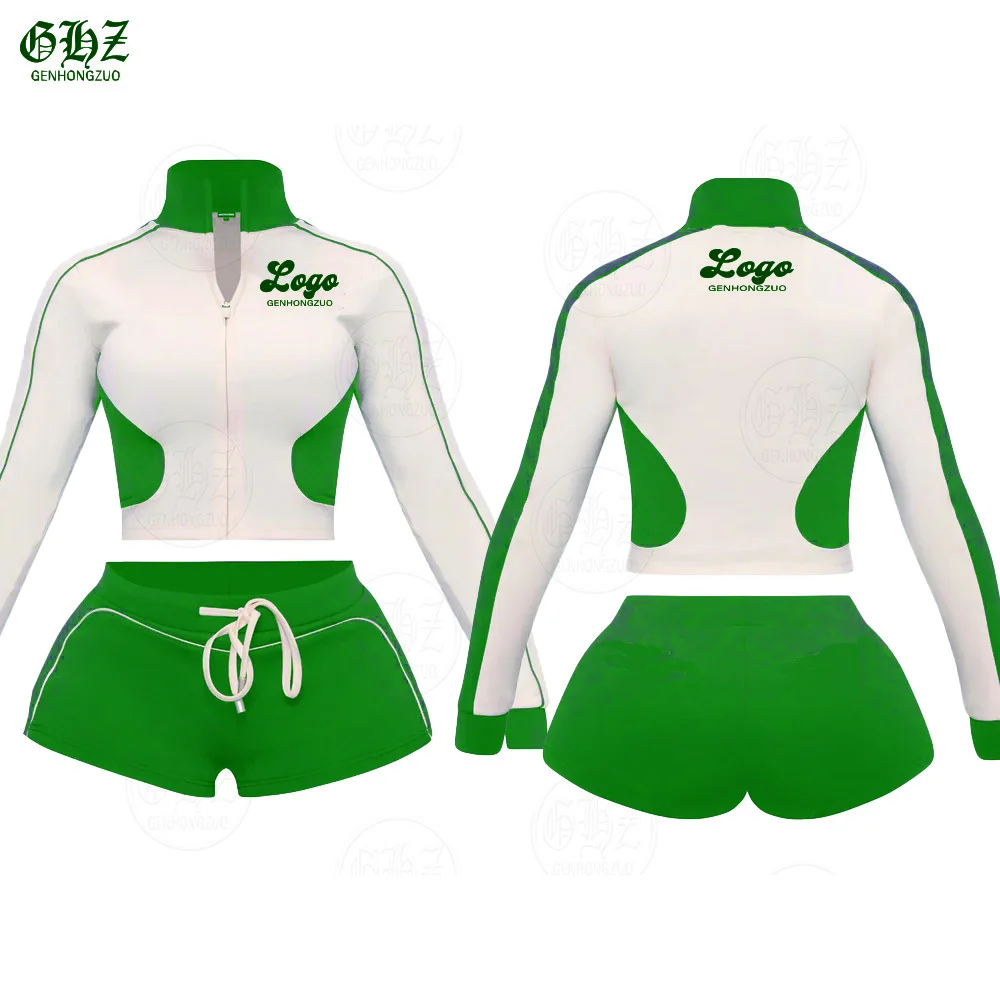 Custom Women Two Piece Sets 2025 Jersey Basic Loungewear Contrast  Shorts  Piping Details  Zip Jacket Track Shorts Set