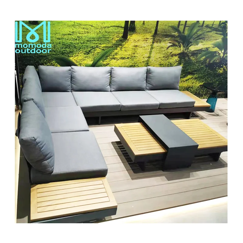 all weather European modern living room outdoor furniture grey fabric sectional corner modular garden patio sofas set
