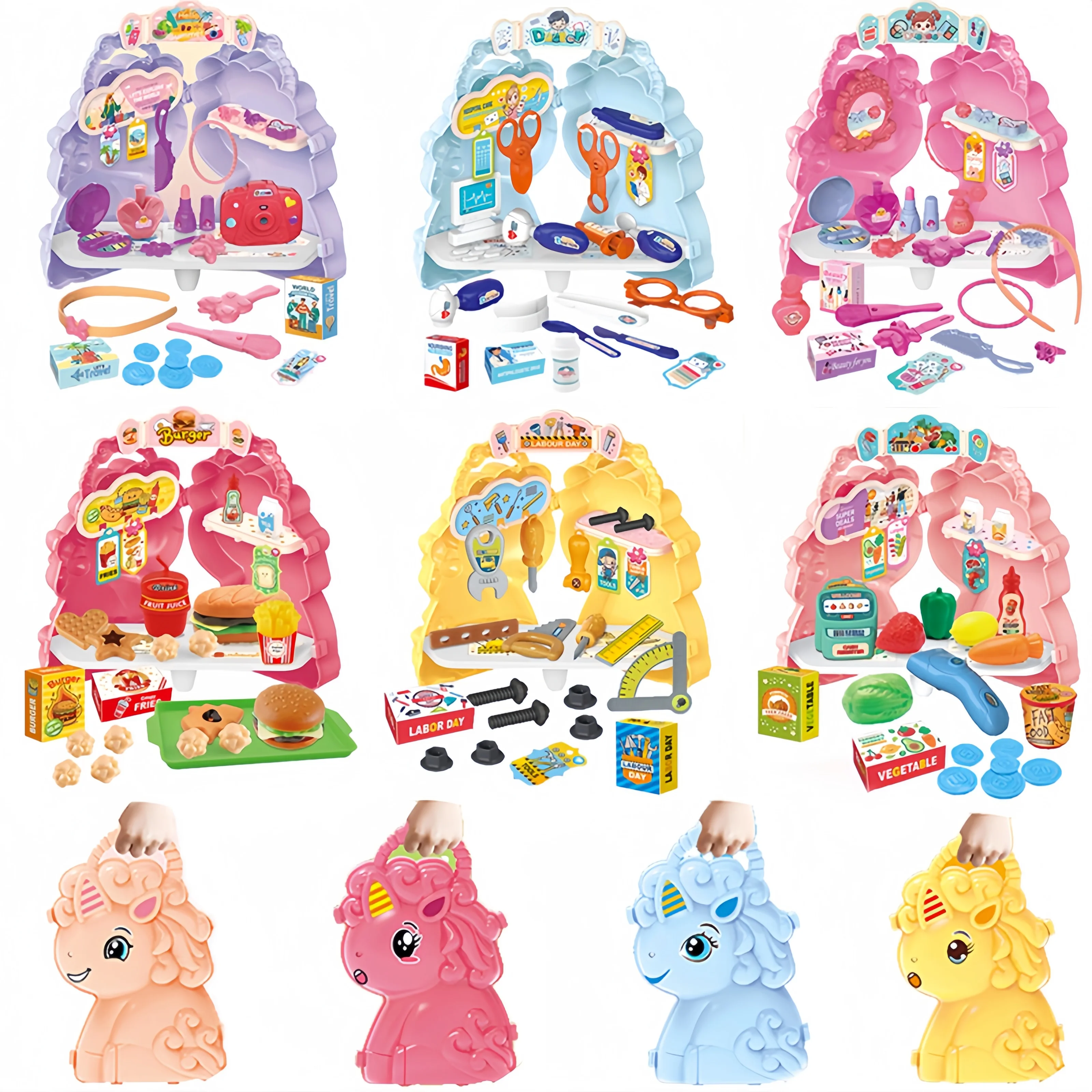 Hot Sales 2-in-1 Pretend play Toy Cute Horse Burger Kitchen Tools  Set Girls Kids Toys
