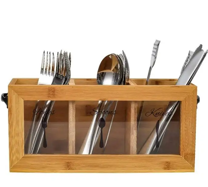 Bamboo Utensil Cutlery Holder Kitchen Tableware Storage Box Silverware Caddy Organizer Bin Holder for Forks Spoons Knives