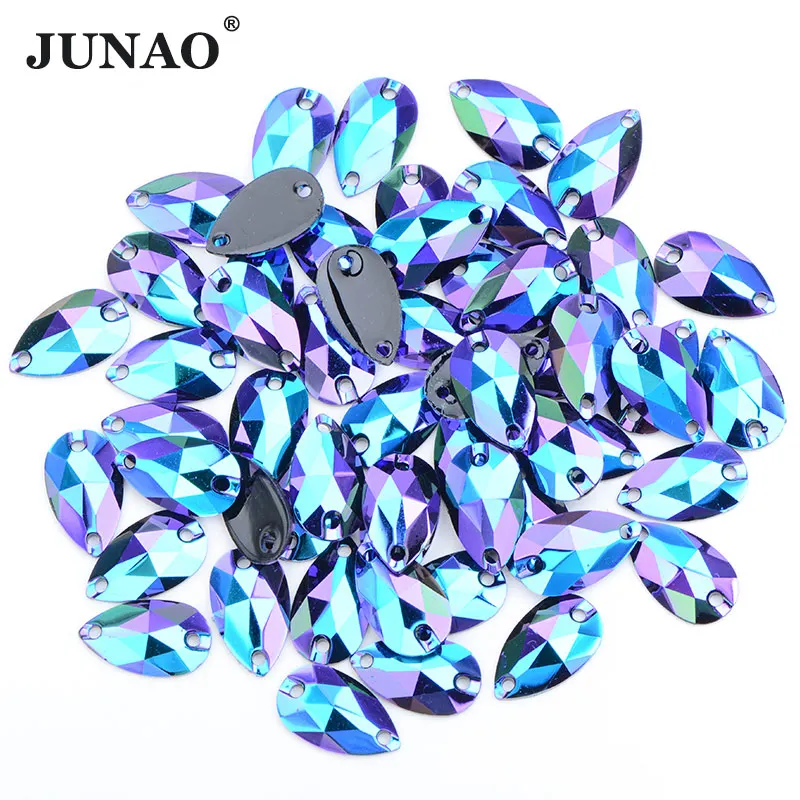 JUNAO Top Quality 7*12mm Resin Stones Bulk Rose Gold AB Flatback Drop Resin Rhinestones For Dress Decoration