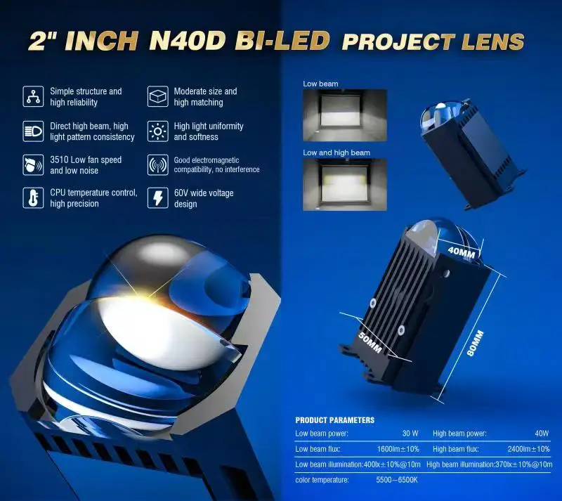 Auto Car Light 40W 5500K BI LED Projector Lens N40D1 Matrix Quare Type Headlights Retrofit item for Universal Type Fog Light