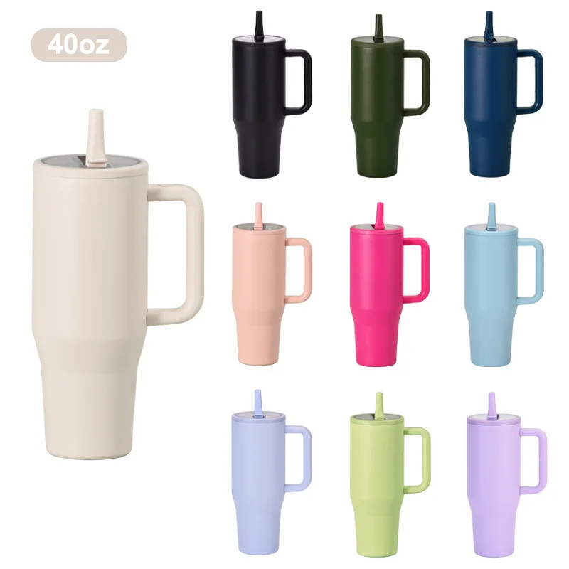 Wholesale Custom Logo Stainless Steel Leak Proof Tumbler Vacuum Insulated Coffee Mug 40oz Flip Straw Tumbler with Handle