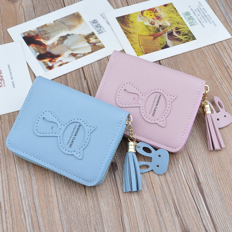 
Wholesale long wallet for women cute cartoon girls slim wallet hot selles PU leather coin purse girls small tassel card holder 