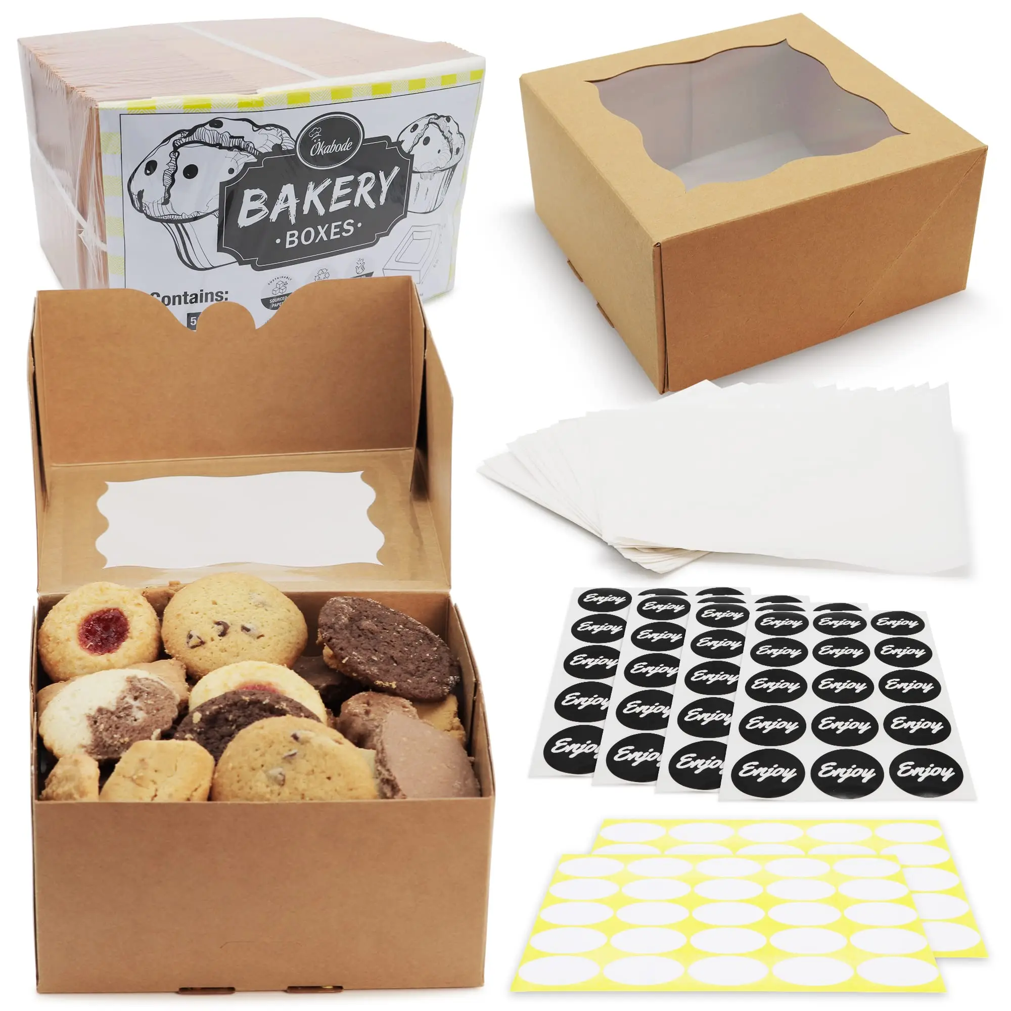 Brown Bakery Pastry Boxes Cookie Boxes Mini Cake Boxes holder with Window Included Parchment Paper and Stickers