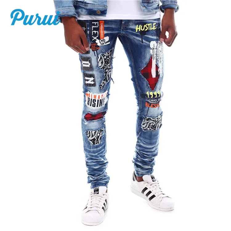 American new styles mens pants jeans ripped graphic patches hole skinny 2021 men custom streetwear jeans