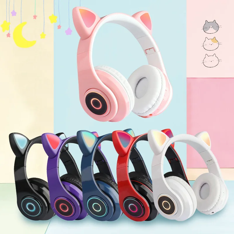 B39 Wireless headphones children MP3 player with LED colorful breathing lights cat ears with microphone headset