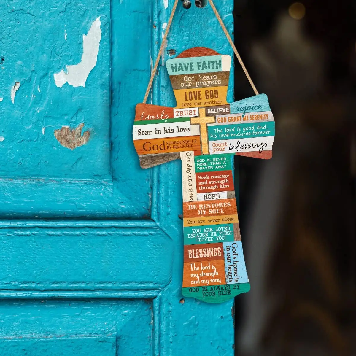 Cross Wood Hanging Wall Sign Plaque Christian Bible Verse Colorful Inspirational Scripture Quote Art Front Door Farmhouse Home