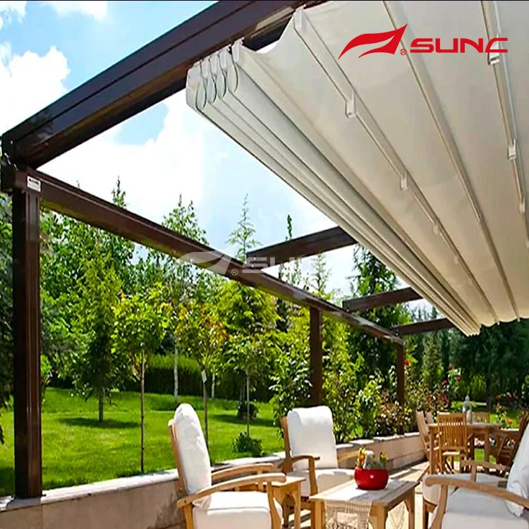 Waterproof Outdoor Aluminum Retractable Roof Cover Folding PVC Pergola With LED Lights