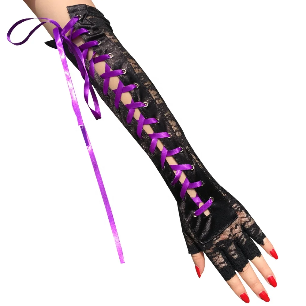 Ladies Sexy Lace Strap Bridal Gloves Long Seductive Ribbon Rivets Half Finger Bar Dance for Nightclub COS Gloves