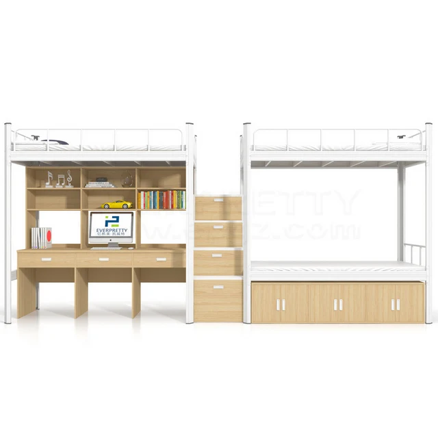 Heavy Duty loft bed Everpretty Iron Double Bed Design Metal school Dormitory Bunk Bed  With Study Desk and wardobe