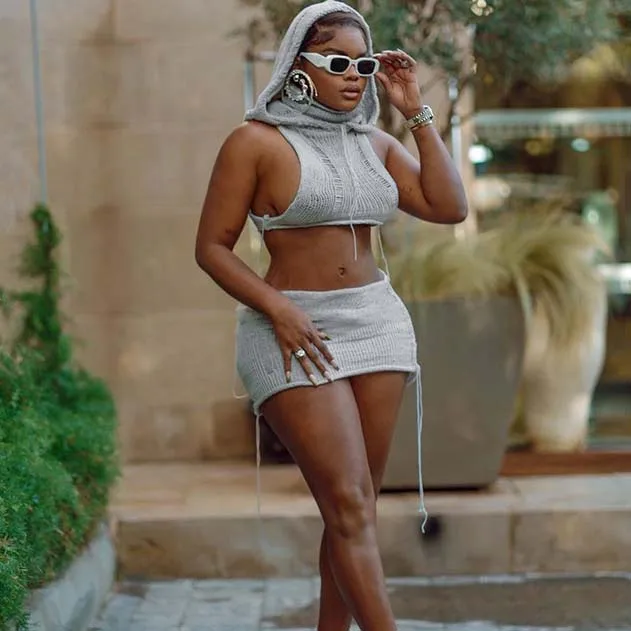 FS10719D Hot Sale 2023 Knit 2 Piece Set Women Hooded Tops and Skirts Outfits