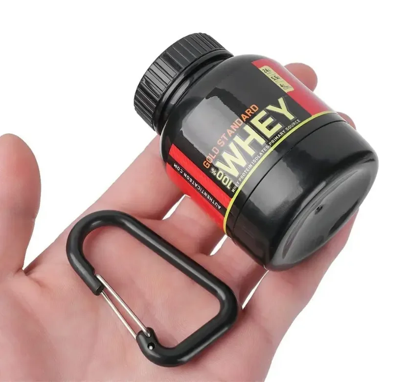 Promotional plastic portable mini whey protein powder container carabiner keychain