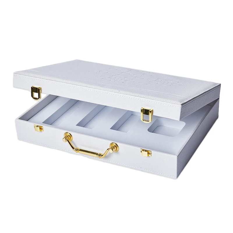 Faux leather PU brief case bag perfume skincare samples empty box  fragrance gift sets packaging box with metal handle