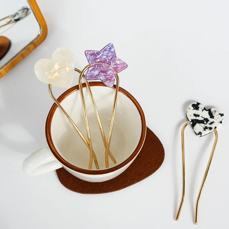Hair accessories Acetic acid heart star u-shaped hair fork heart five-pointed star metal hairpin headwear hair tray