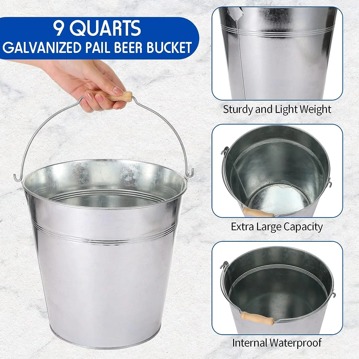Cash Commodity Large Galvanized Metal Bucket with Handle 25.4cm Heavy Duty Stainless Steel Round for Party Wedding