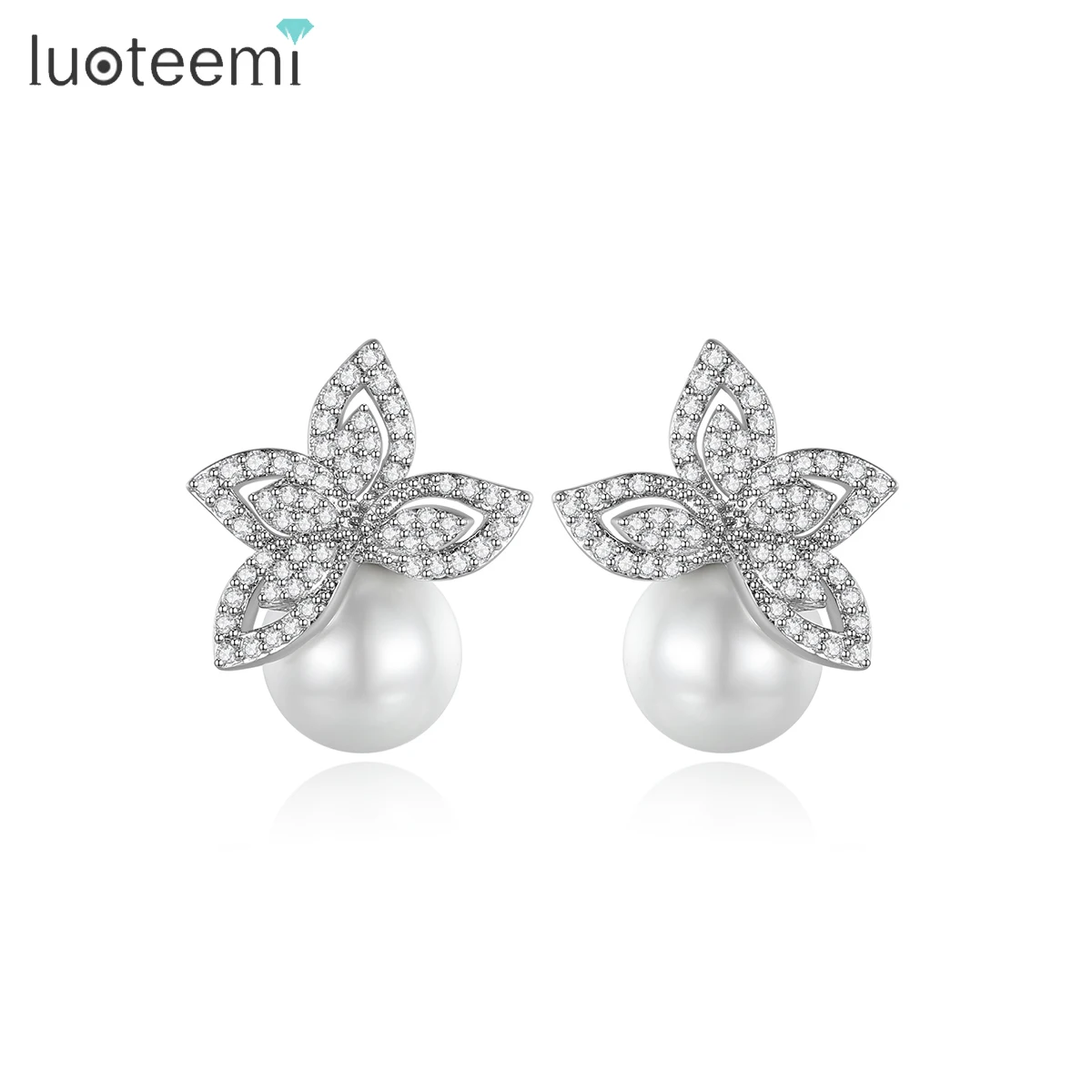 LUOTEEMI Wholesale Free Shipping Hot sale Women Luxury Clear Cubic Zircon Paved Wedding Pearl Earrings For Brides