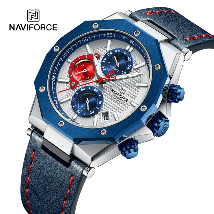 NAVIFORCE 8028 SWBE Luxury Chronograph Quartz Watch Men Sports Watches with Big Dial blue Genuine Leather wristwatch
