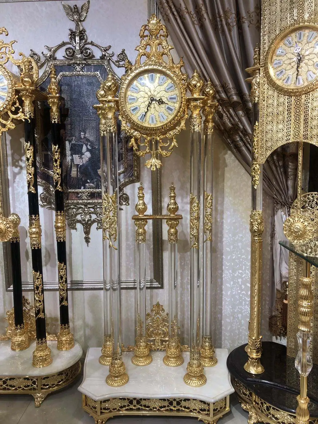 Grandfather Clock Golden Copper Black Crystal Deluxe Antique Floor Antique Royal Clock Floor