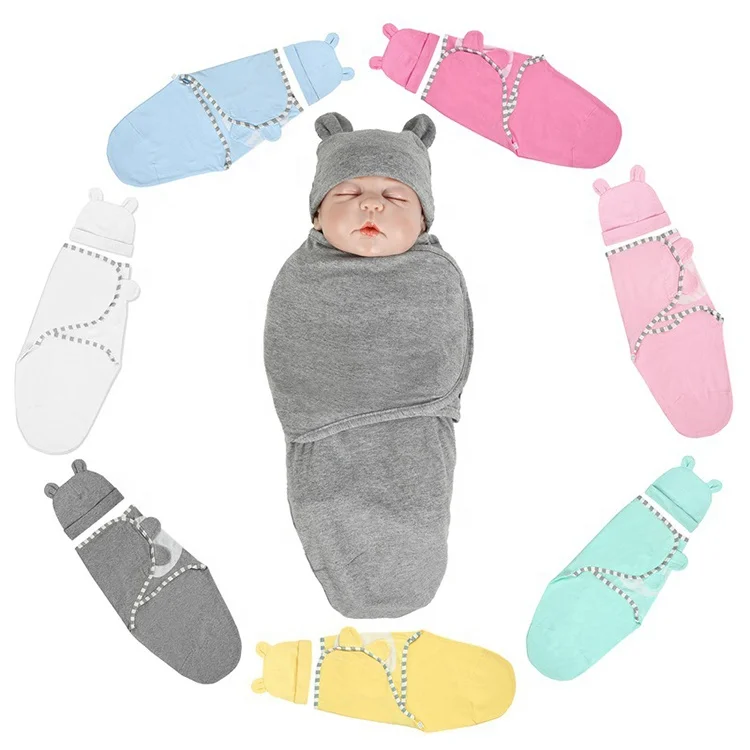 Soft Organic Cotton Adjustable Newborn Sleeping Bag Baby Swaddling Set with Baby Hat for Infant 0-3 Month