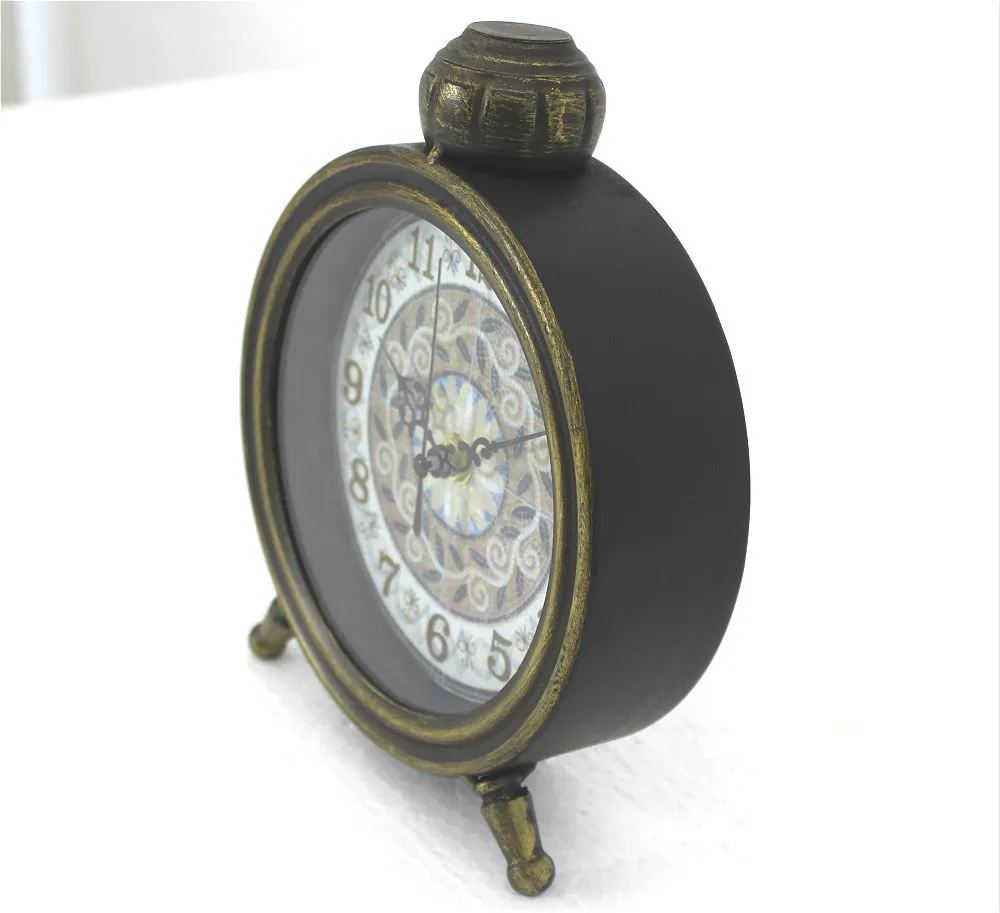 Rainhou rustic retro hand made round shape antique bronze metal desk & tablel home decor craft clocks