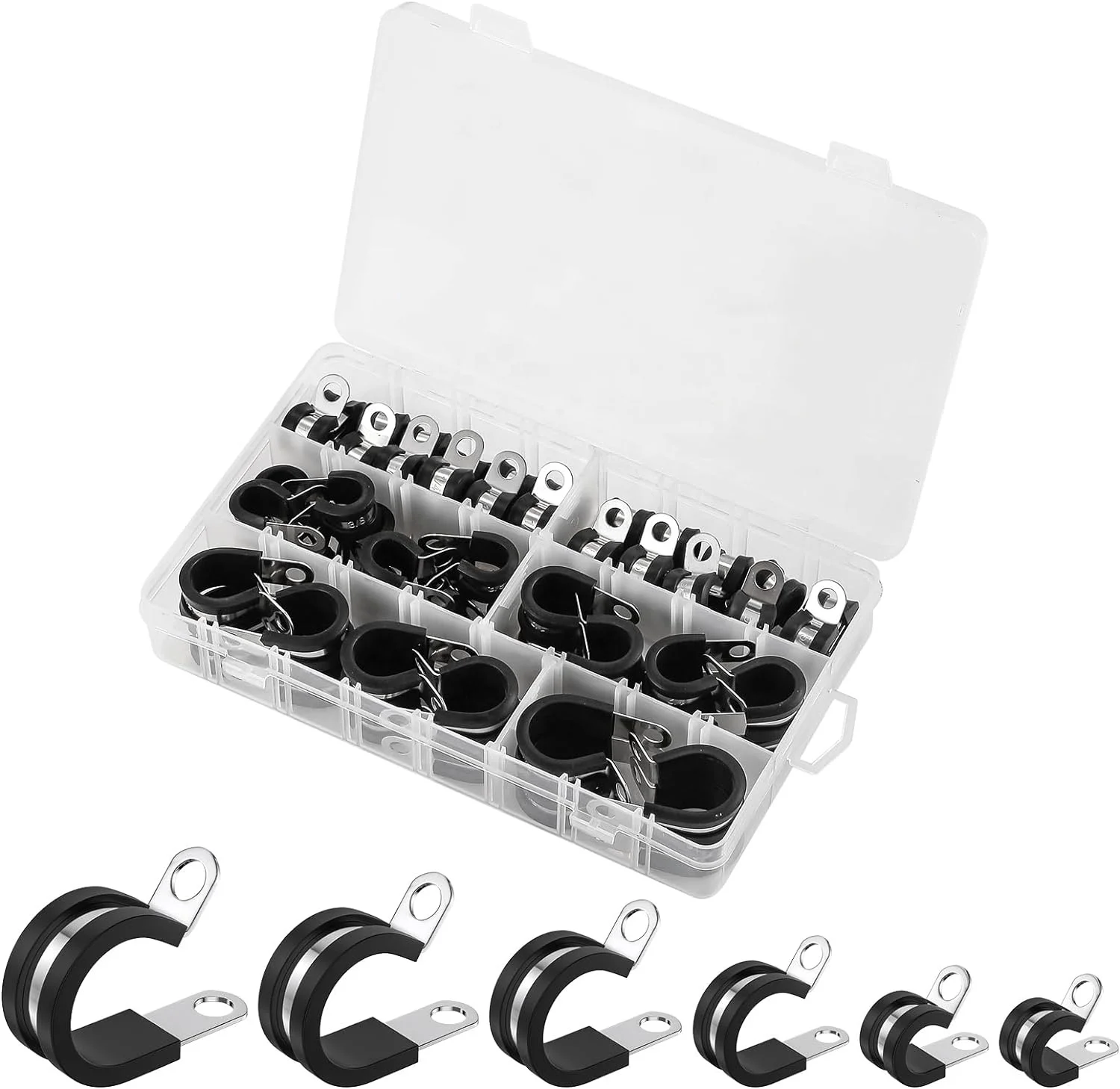 Stainless Steel Rubber Cushioned P Clamps for Electric Wires R Type Pipe Clamps Clips Cable Clamps Assortment Kit