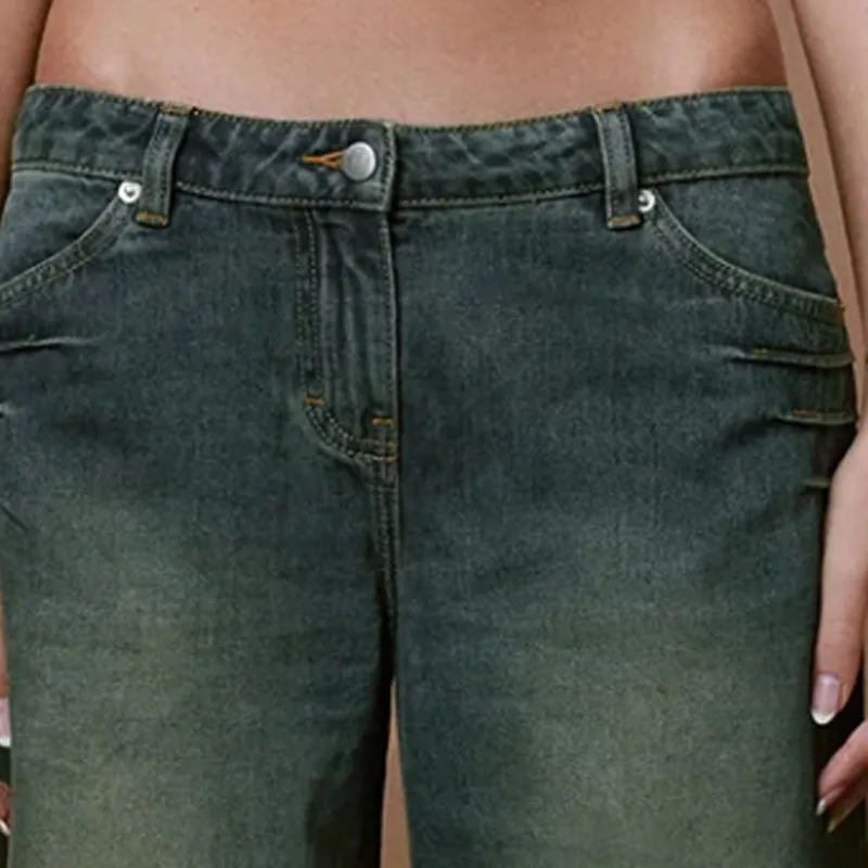 New Featuring Light Sandblasting Detailing Super Low-waisted Blue Denim Jean For Women