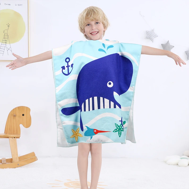 Kids Blue Whale Swim Shark Cartoon Printing Microfiber Hooded Poncho Beach Towel For Baby
