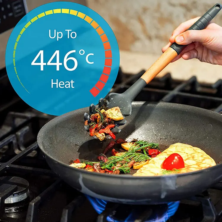 Natural Wood Kitchen Utensils 6 pcs Eco Friendly & BPA Free Non Stick Silicone Cooking Utensils Set