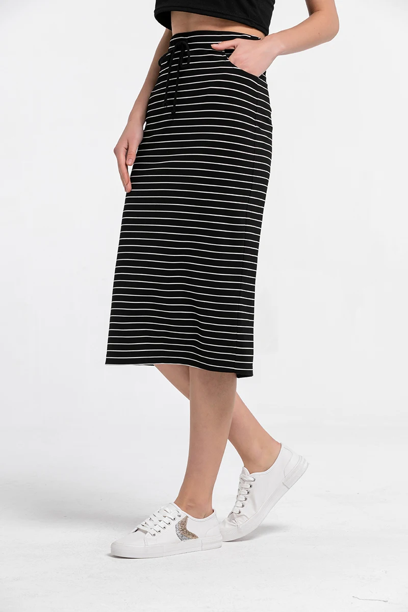 Женская юбка-карандаш до колен, эластичная длинная юбка в полоску со средней талией и шнуровкой