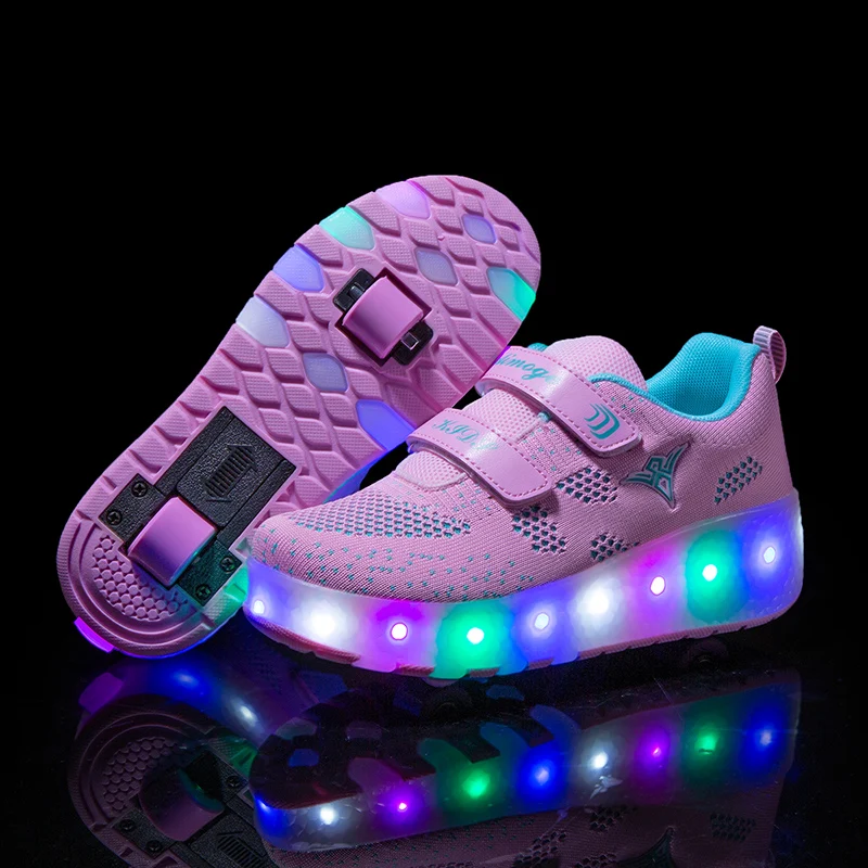 Wholesale Kids Sneakers Children Baby Girls Boys Letter pu Led Luminous Sport Light roller shoe ice skates slippers 159