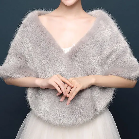 
Jtfur Wedding dress women fluffy fur shawl winter gray female cloak coat 