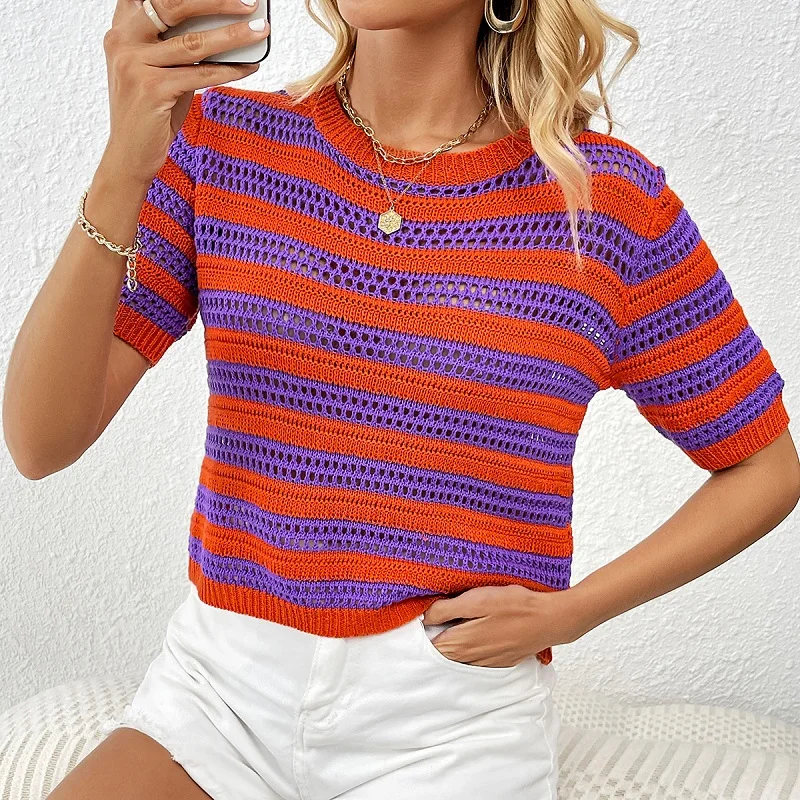 GIMILY Oem custom Pullover Knitted Crochet Sweater For women  Casual Round neck Crop Tops Striped patchwork short sleeved top
