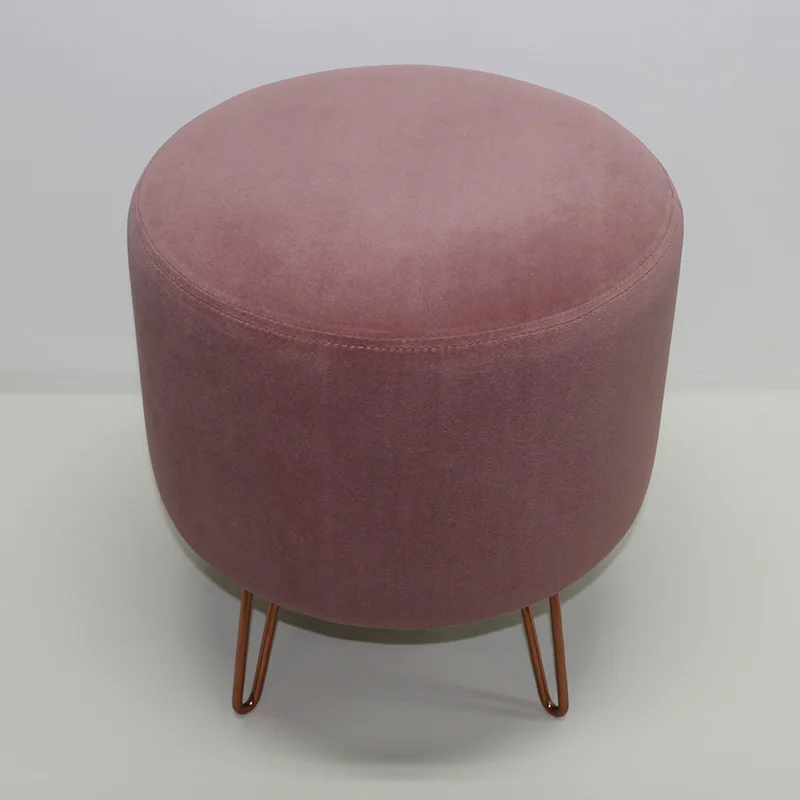 Reatai velvet round pink colour ottoman stool customized metal leg with buttons elegant stool with legs