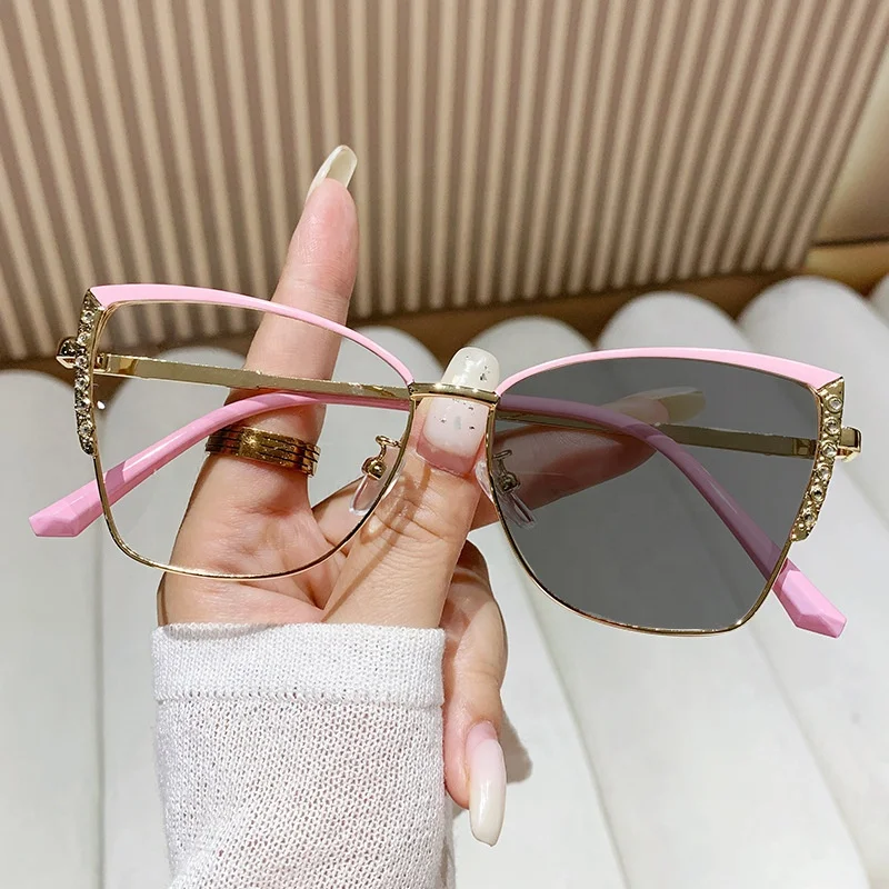 gold metal large square butterfly rhinestone black 2024 optical female women`s computer photochromic anti blue light glasses